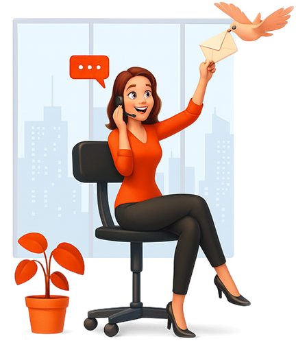 A P2Automate team member at her desk receiving a letter delivered by a bird